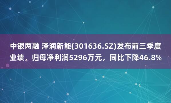 中银两融 泽润新能(301636.SZ)发布前三季度业绩，归母净利润5296万元，同比下降46.8%